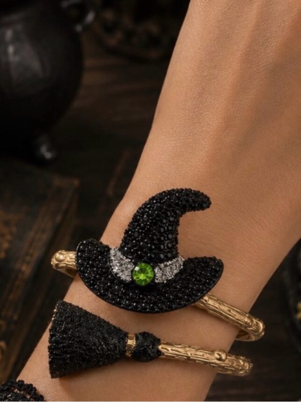 Betsey Johnson Black and Gold Witchs Hat Crystal Bangle Bracelet